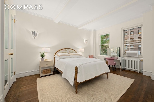 bedroom with dark hardwood / wood-style flooring, ornamental molding, cooling unit, beamed ceiling, and radiator heating unit