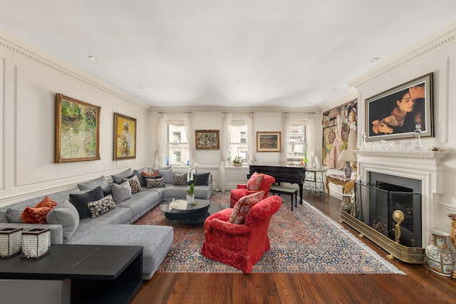 living room featuring dark hardwood / wood-style floors and crown molding