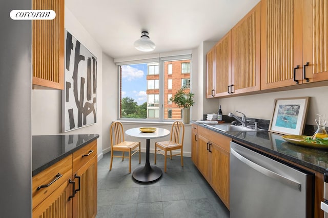 kitchen with dark stone counters, sink, and stainless steel dishwasher