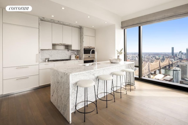 kitchen featuring tasteful backsplash, white cabinetry, dark wood-type flooring, and a center island with sink