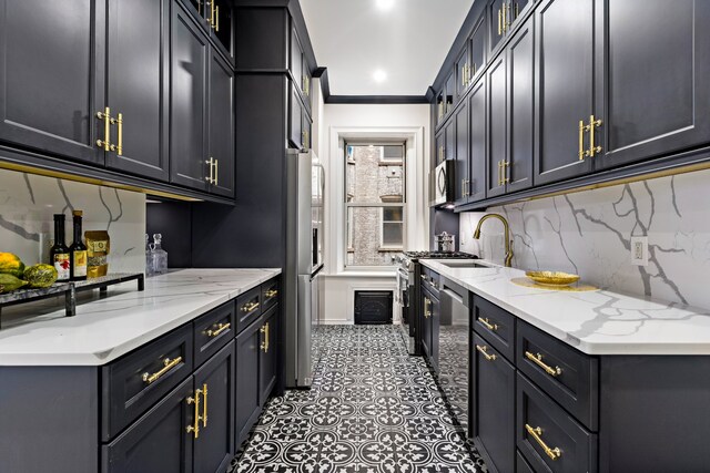 kitchen featuring light stone countertops, sink, tasteful backsplash, stainless steel fridge with ice dispenser, and crown molding