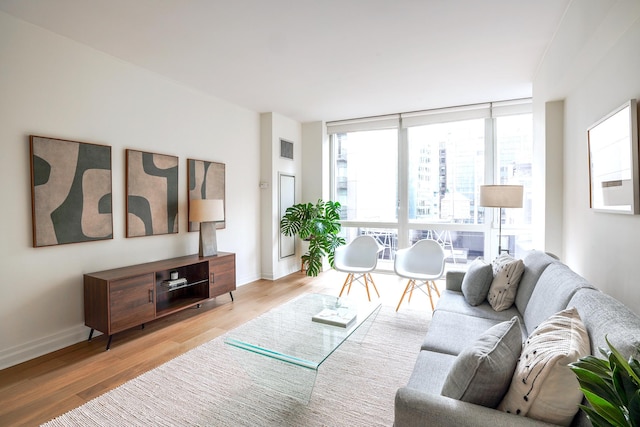 living room with light hardwood / wood-style flooring and a wall of windows