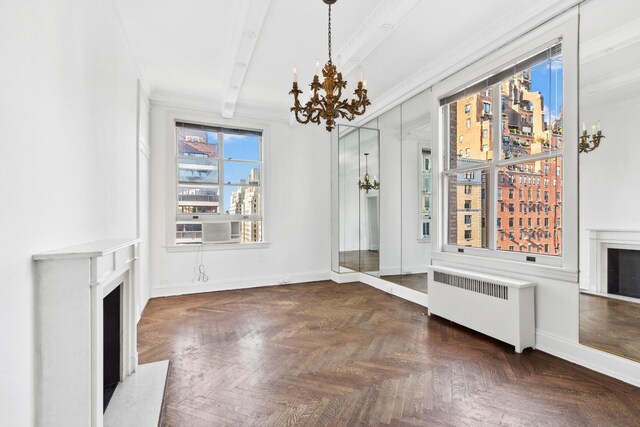 interior space featuring radiator, dark parquet floors, beamed ceiling, a chandelier, and ornamental molding