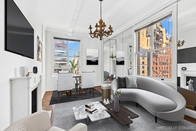 unfurnished living room featuring beam ceiling, radiator heating unit, an inviting chandelier, dark parquet floors, and crown molding