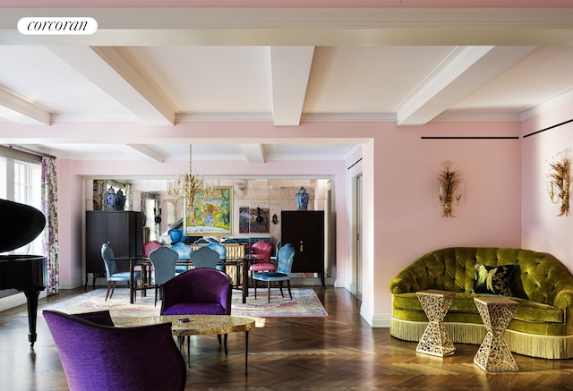 living room with crown molding, beamed ceiling, and parquet floors