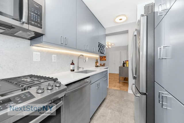 kitchen with an inviting chandelier, sink, gray cabinets, tasteful backsplash, and stainless steel appliances