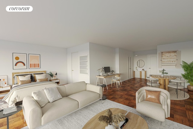 living room featuring parquet floors