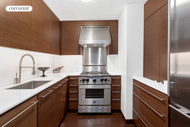 kitchen featuring light stone counters, exhaust hood, sink, and appliances with stainless steel finishes