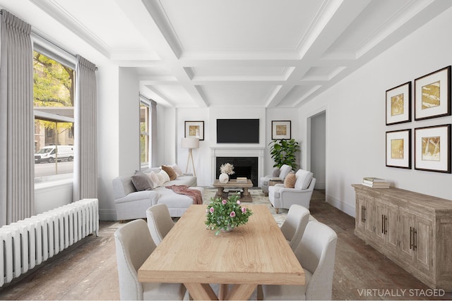 living room featuring beam ceiling, radiator heating unit, and coffered ceiling