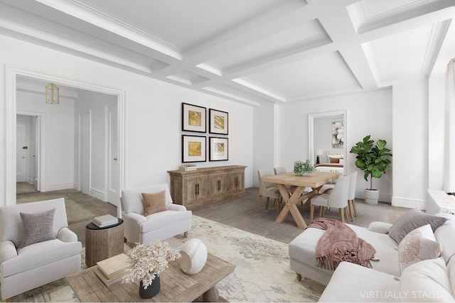 carpeted living room featuring crown molding, beamed ceiling, and coffered ceiling