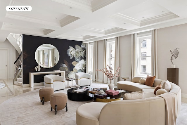 living room with beamed ceiling, ornamental molding, and coffered ceiling