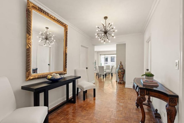 corridor with parquet floors, ornamental molding, and a notable chandelier