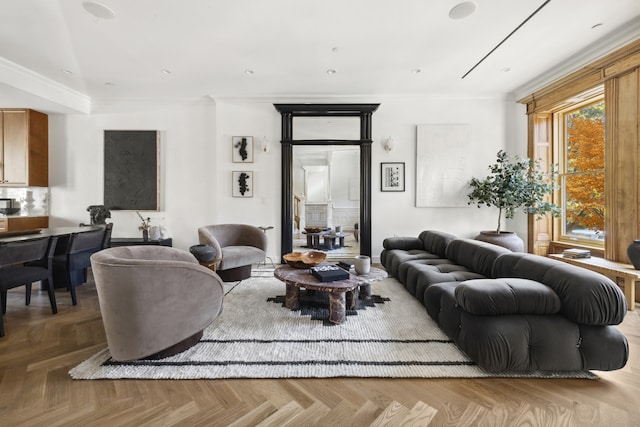 living room with parquet flooring and crown molding