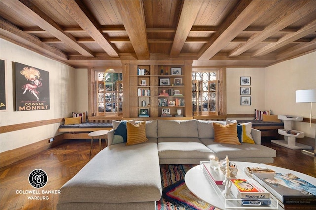 living room with a wealth of natural light, beamed ceiling, coffered ceiling, and parquet flooring