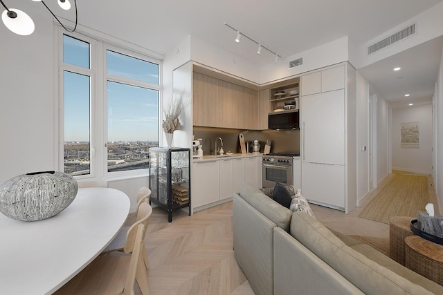 kitchen with white cabinetry, sink, stainless steel stove, and light parquet flooring