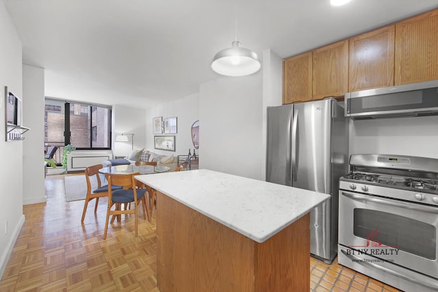 kitchen with pendant lighting, a center island, light parquet floors, and stainless steel appliances