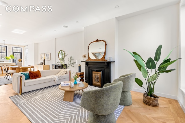 living room with parquet floors