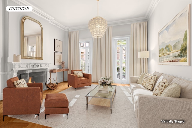 sitting room with a chandelier, crown molding, a high end fireplace, and light parquet floors