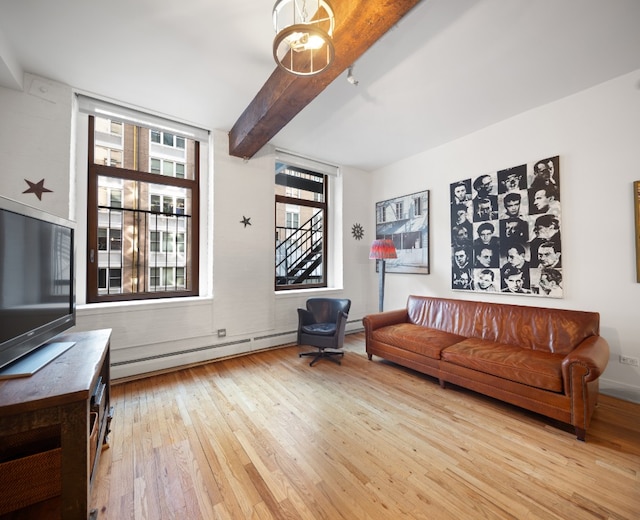 living room featuring baseboard heating, wood-type flooring, and beam ceiling