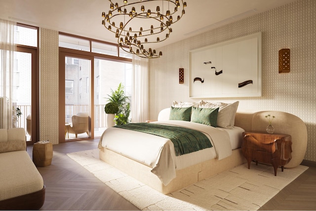 bedroom featuring access to exterior, parquet floors, and a notable chandelier