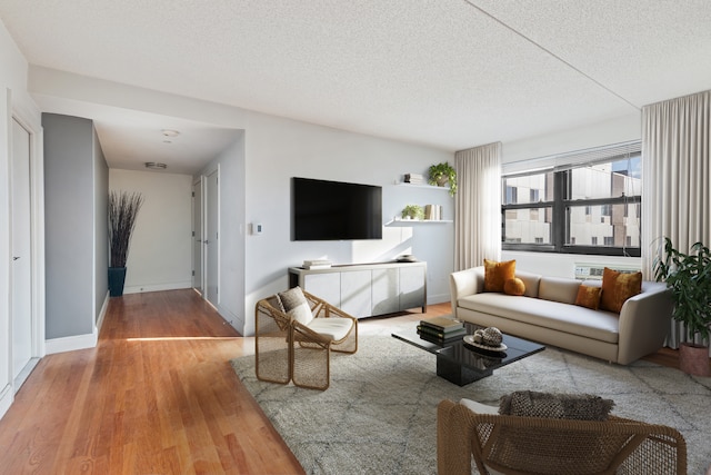 living room featuring wood-type flooring and a textured ceiling