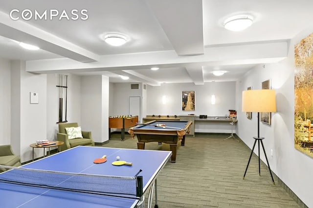 playroom with hardwood / wood-style floors, beamed ceiling, and pool table