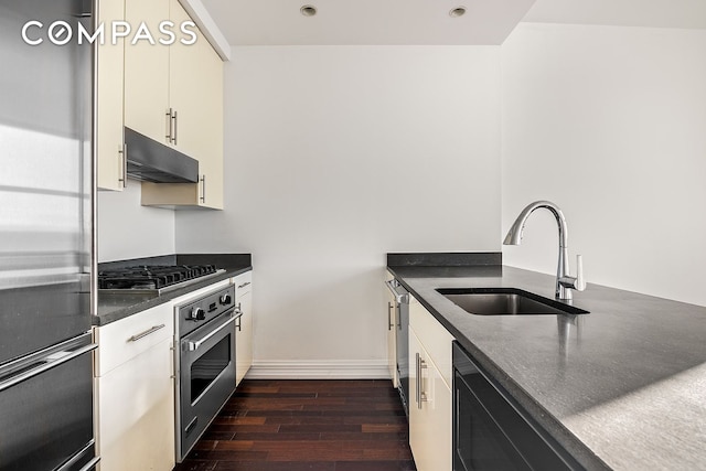 kitchen featuring sink, appliances with stainless steel finishes, and dark wood-type flooring