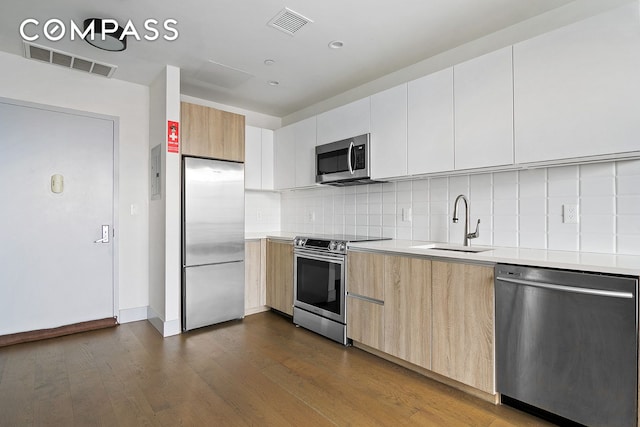 kitchen featuring sink, tasteful backsplash, dark hardwood / wood-style flooring, white cabinetry, and stainless steel appliances