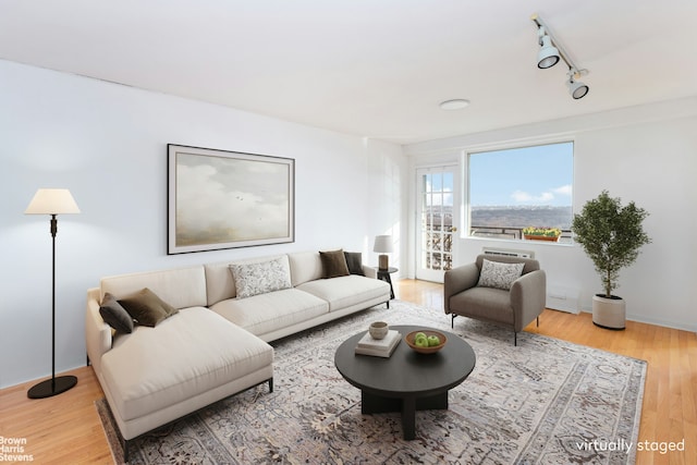 living room featuring rail lighting and hardwood / wood-style flooring