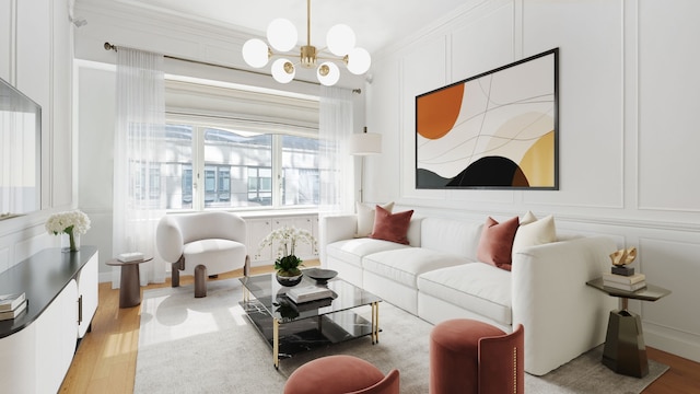 living room with crown molding, light wood-type flooring, and an inviting chandelier