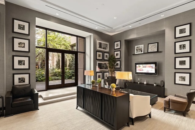 home office featuring french doors and a towering ceiling