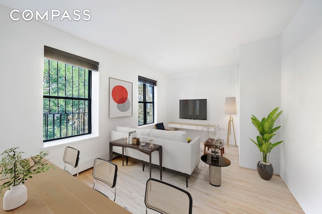 living room with plenty of natural light and light hardwood / wood-style flooring