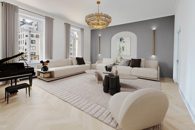 living room featuring a wealth of natural light, light parquet floors, ornamental molding, and an inviting chandelier