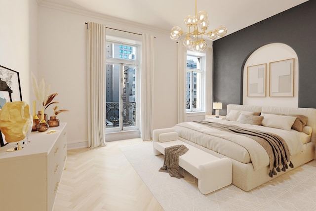 bedroom with a chandelier and light parquet flooring