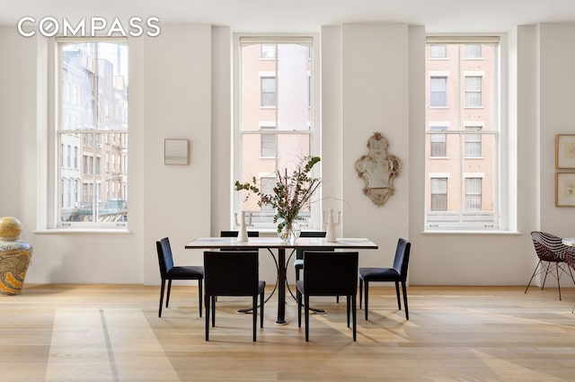 dining space with light hardwood / wood-style flooring