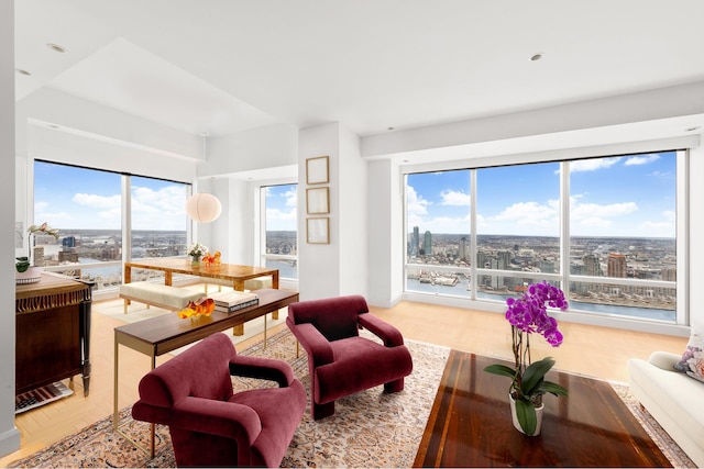 living room featuring light hardwood / wood-style floors and a wealth of natural light