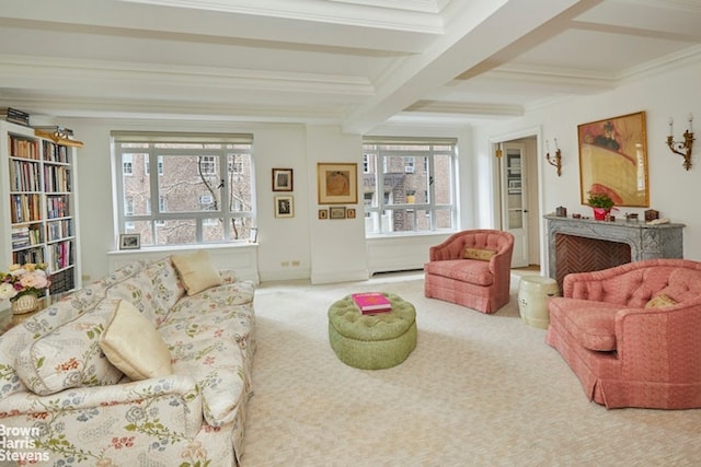 living room featuring beamed ceiling, carpet flooring, and crown molding