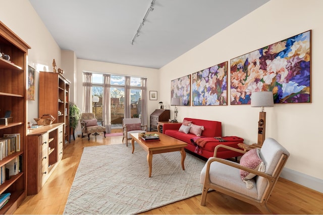 living room with track lighting and light wood-type flooring