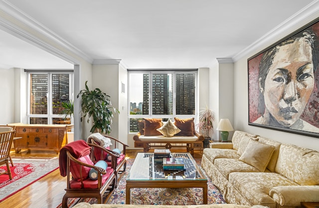 living room with hardwood / wood-style floors, crown molding, and a healthy amount of sunlight