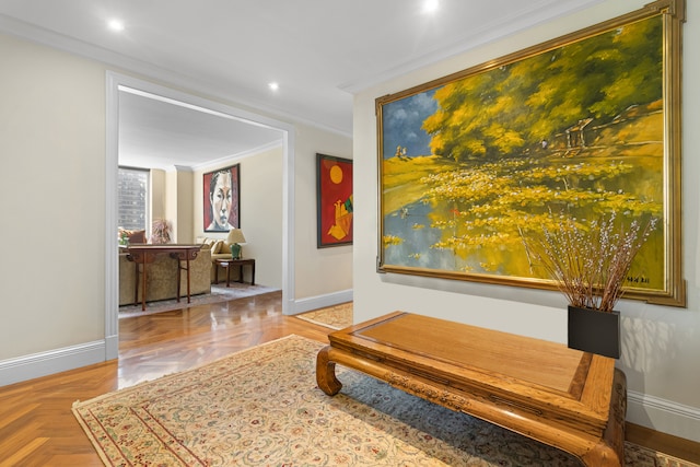 hall featuring parquet flooring and ornamental molding