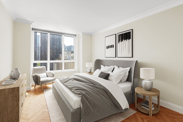 bedroom with crown molding and parquet floors