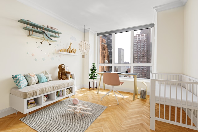 mudroom featuring crown molding and parquet flooring