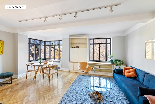 living room with radiator, light parquet flooring, rail lighting, and ornamental molding