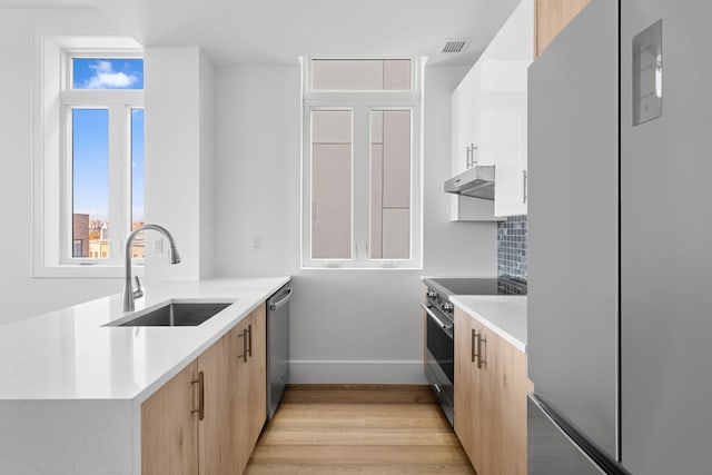 kitchen featuring light brown cabinets, sink, light hardwood / wood-style flooring, tasteful backsplash, and stainless steel appliances