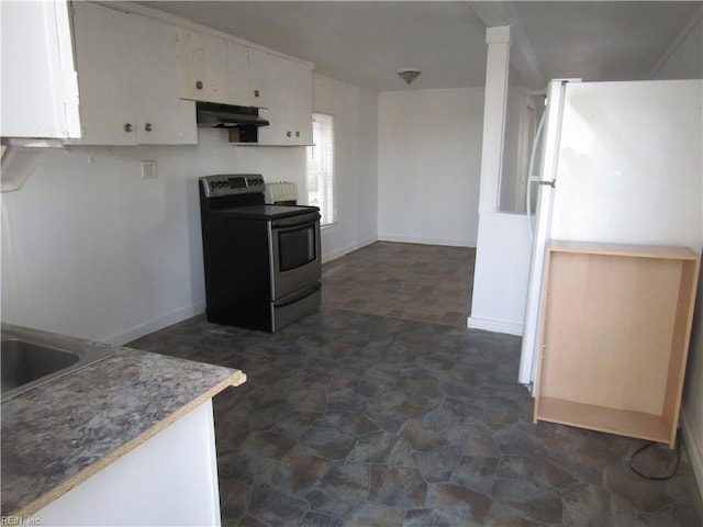 403 S Church St, Smithfield, VA 23430 - kitchen with white cabinets, dark tile floors, white fridge, and electric range