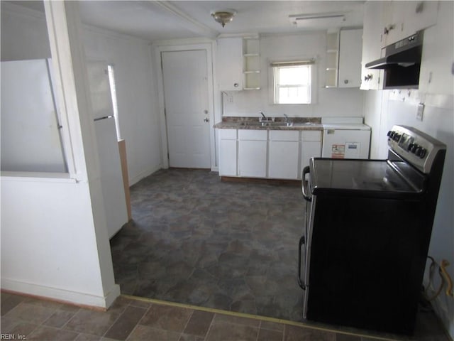 403 S Church St, Smithfield, VA 23430 - kitchen with electric range, sink, washer / dryer, dark tile floors, and white cabinets