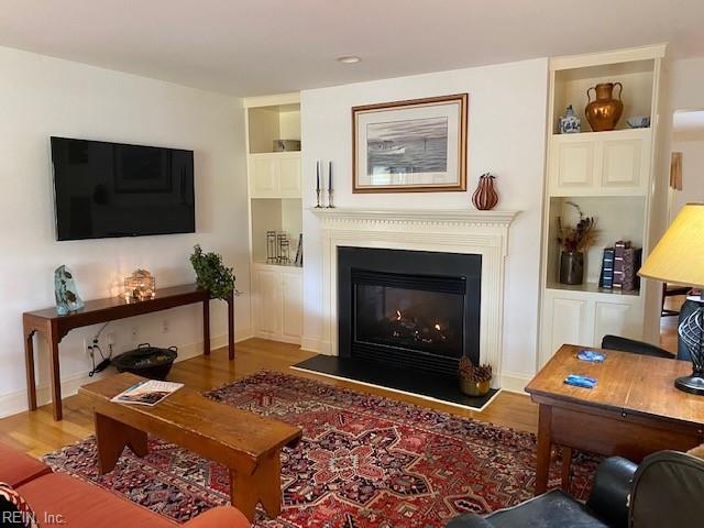 living room featuring light hardwood / wood-style flooring and built in shelves