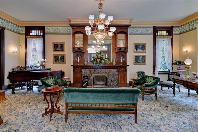 carpeted living room with a notable chandelier, crown molding, and a high end fireplace