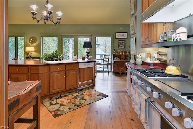 kitchen featuring sink, a chandelier, white dishwasher, light hardwood / wood-style floors, and decorative light fixtures