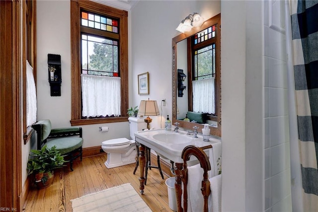 bathroom featuring toilet, wood-type flooring, and a healthy amount of sunlight